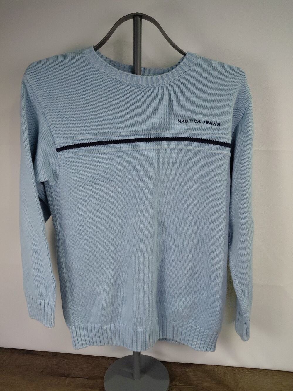Vintage Nautica Jeans Co Boys Sweater Size 12-14 L Blue Knit Pullover Stripe